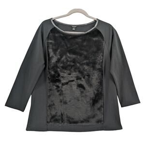 Ann Taylor Faux Fur Blouse M Black Crew Neck Side Zipper 3/4 Sleeve Soft Office‎